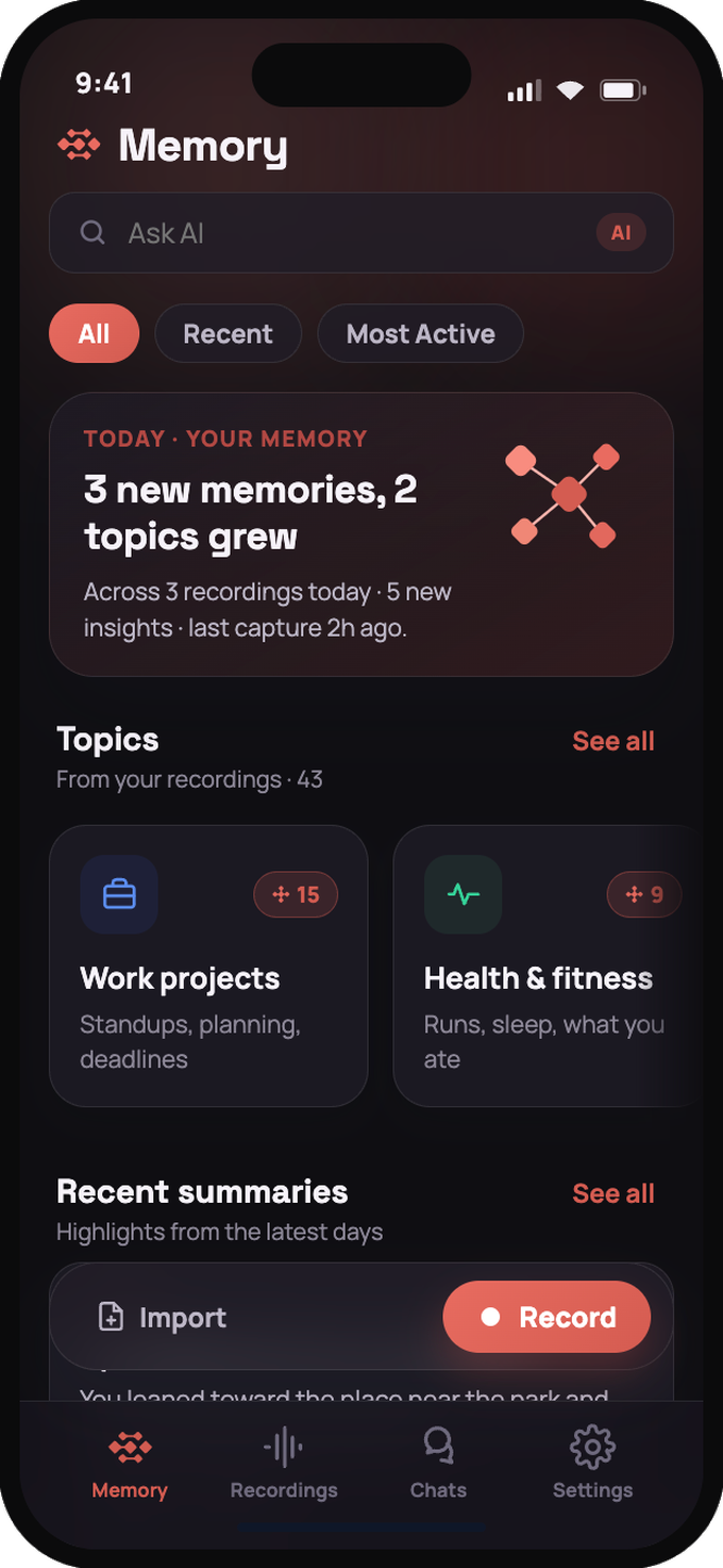 The Kalpa Memory screen — topics and summaries from your recordings